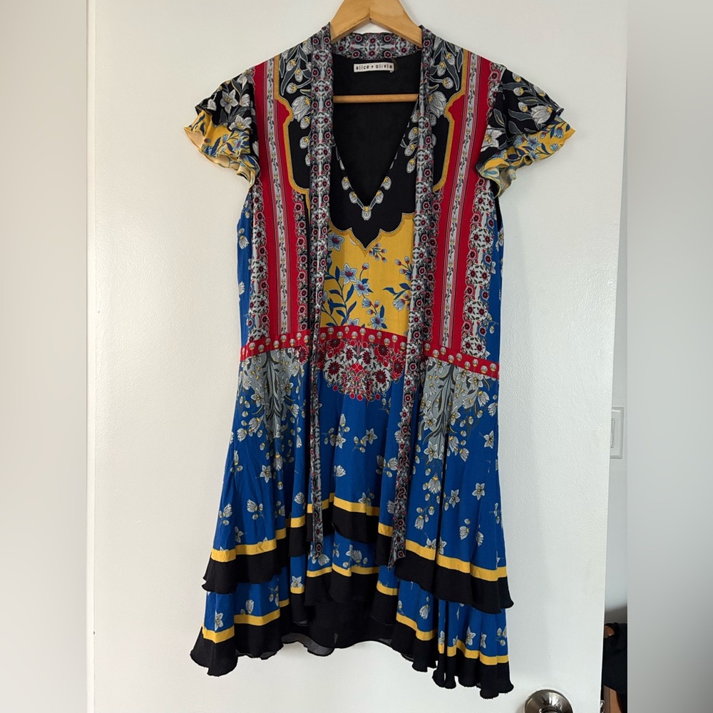 Alice + Olivia Moore Palace Daffodil Mix Print Tiered Mini Dress Neck Tie